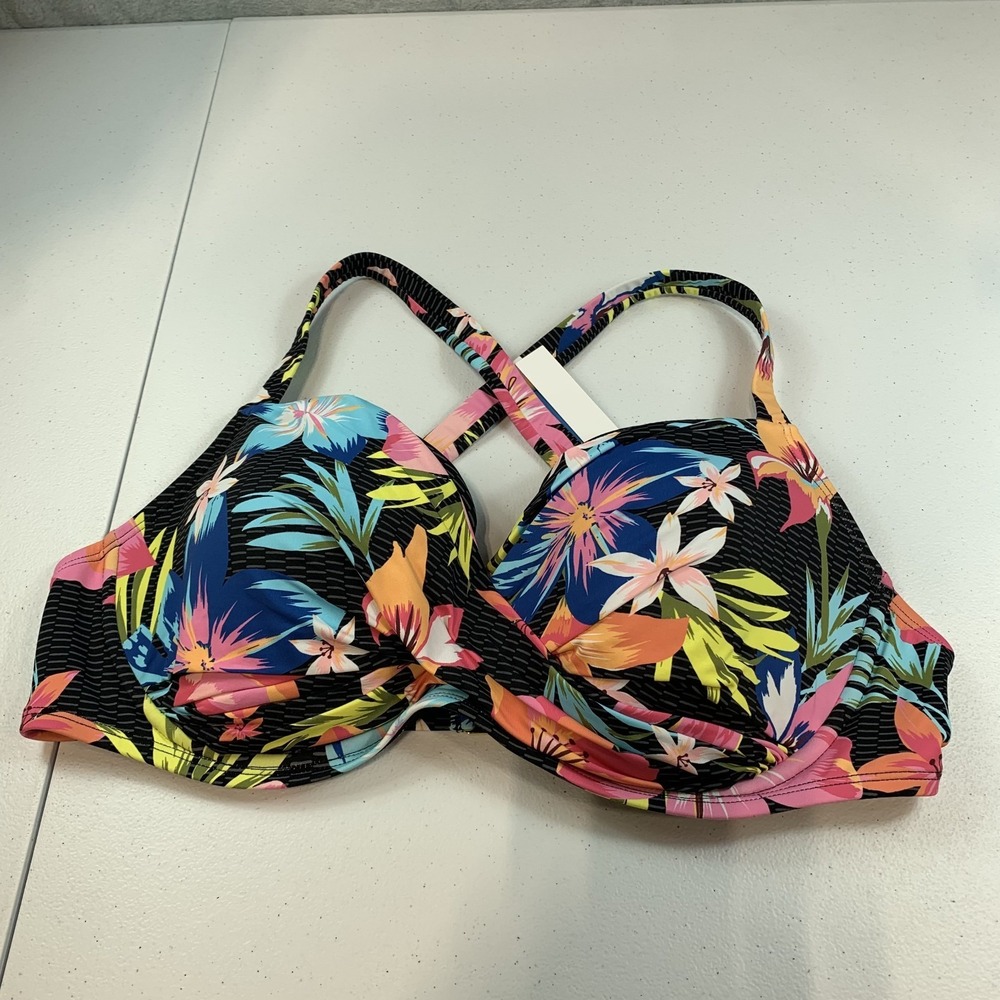 Bleu Rod Beattie Women's Swim Bikini Top 38DD Black Floral Tropical Underwire